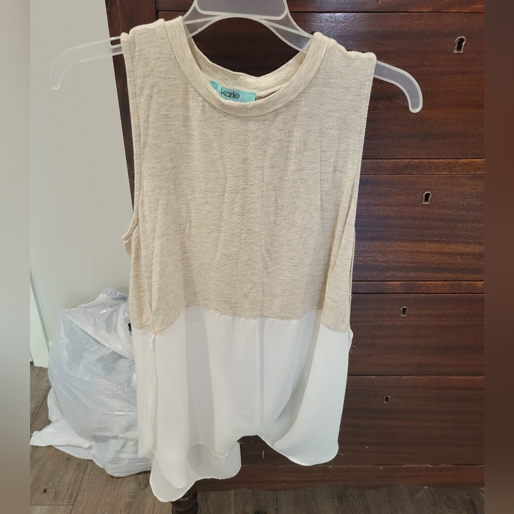Tan and sheer white tank top